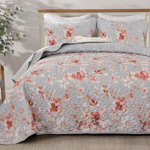 Dobuyly Grey Floral Quilt Set Queen Size, Botanical Flowers Bedspreads Coverlet Set, 3 Pieces Soft Lightweight Microfiber Quilt Bedding Set for All Seasons 96"x90" - Image 1