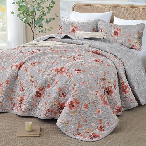 Dobuyly Grey Floral Quilt Set Queen Size, Botanical Flowers Bedspreads Coverlet Set, 3 Pieces Soft Lightweight Microfiber Quilt Bedding Set for All Seasons 96"x90" - Image 2