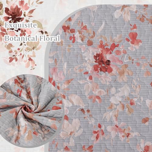 Dobuyly Grey Floral Quilt Set Queen Size, Botanical Flowers Bedspreads Coverlet Set, 3 Pieces Soft Lightweight Microfiber Quilt Bedding Set for All Seasons 96"x90" - Image 5