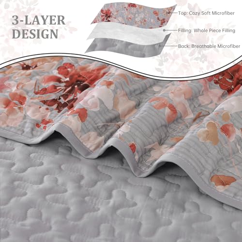 Dobuyly Grey Floral Quilt Set Queen Size, Botanical Flowers Bedspreads Coverlet Set, 3 Pieces Soft Lightweight Microfiber Quilt Bedding Set for All Seasons 96"x90" - Image 4