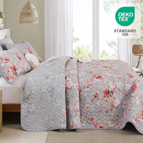 Dobuyly Grey Floral Quilt Set Queen Size, Botanical Flowers Bedspreads Coverlet Set, 3 Pieces Soft Lightweight Microfiber Quilt Bedding Set for All Seasons 96"x90" - Image 3