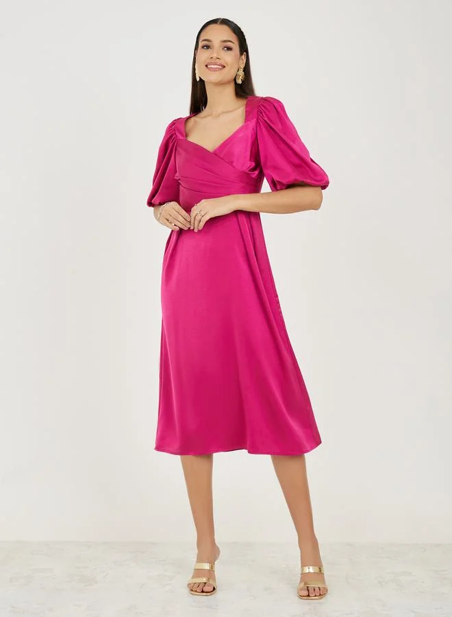Styli Satin Pleated Sweetheart Neck A-Line Midi Dress