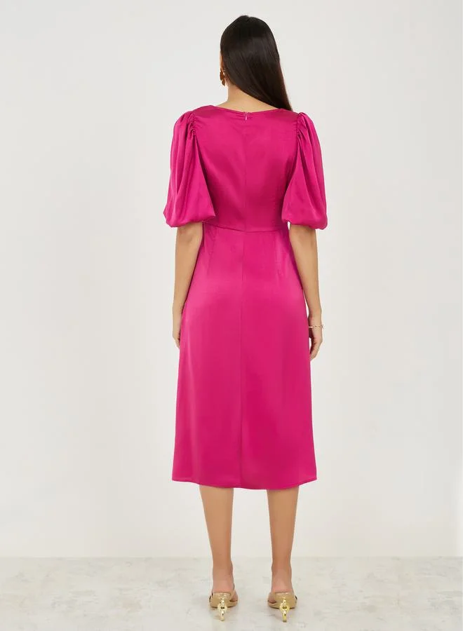 Styli Satin Pleated Sweetheart Neck A-Line Midi Dress
