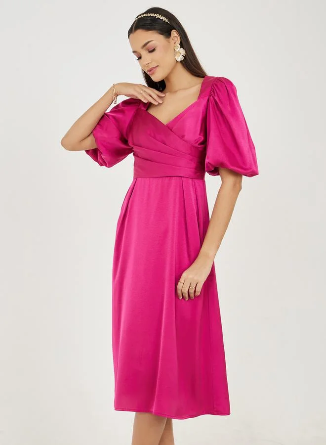Styli Satin Pleated Sweetheart Neck A-Line Midi Dress