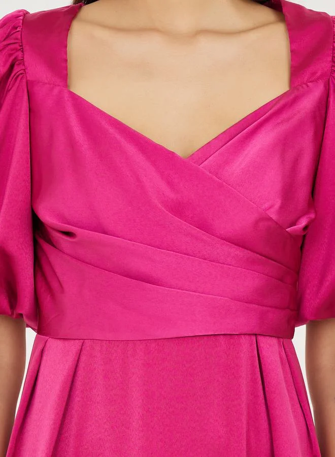 Styli Satin Pleated Sweetheart Neck A-Line Midi Dress