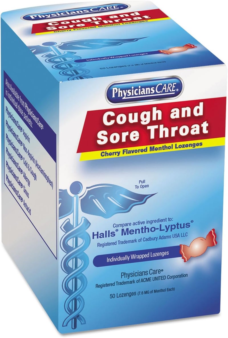 PhysiciansCare 90306 Cough and Sore Throat Cherry Menthol Lozenges 50 Individually Wrapped per Box - Image 1