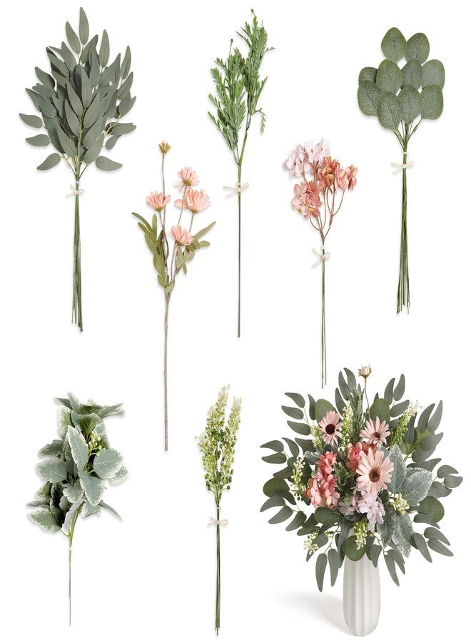 Koroni Flowers مجموعة أغصان كوروني الخضراء الاصطناعية، 33 قطعة مع 7 أنواع من أغصان الخضرة الاصطناعية لباقات الزفاف وتنسيقات الزهور وتزيين طاولات الحفلات (أخضر ووردي). - Image 1