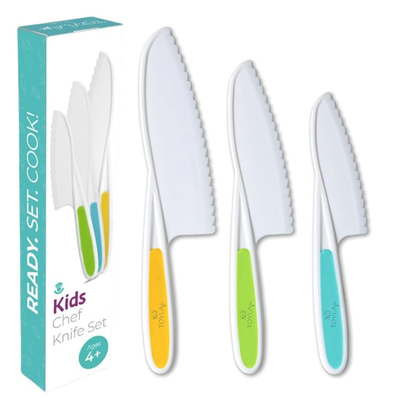 Tovla Jr Knives for Kids 3Piece Kitchen Cooking and Baking Knife Set Montessori Childrens Knives in 3 Sizes  ColorsFirm Grip Serrated Edges BPAFree Kids Toddler Knives colors vary