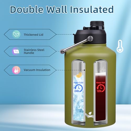 Konokyo 1 Gallon Jug with Handle,128 oz Insulated Water Bottle with Carrying Pouch, Double Wall Vacuum Stainless Steel Metal Bottle,Forest Green - Image 3