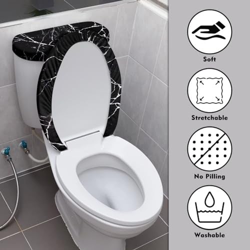 Kathyboom Toilet Lid with Elastic Edge Water Resistant Seat Covers - Durable Reusable Tank Lid Cover for Hotel Home Toilet - Black Marble Crack - Image 3