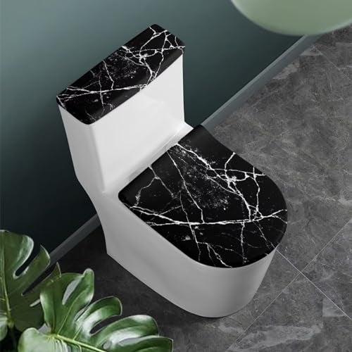 Kathyboom Toilet Lid with Elastic Edge Water Resistant Seat Covers - Durable Reusable Tank Lid Cover for Hotel Home Toilet - Black Marble Crack - Image 2