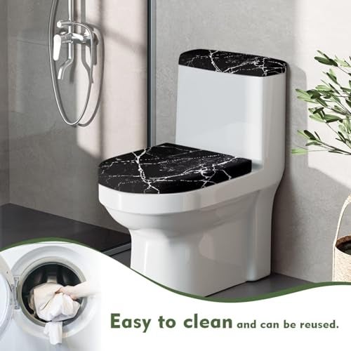 Kathyboom Toilet Lid with Elastic Edge Water Resistant Seat Covers - Durable Reusable Tank Lid Cover for Hotel Home Toilet - Black Marble Crack - Image 4