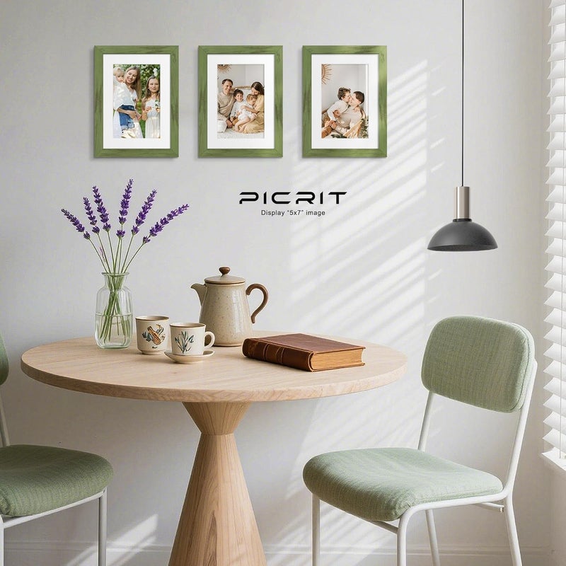 Picrit 5x7 Picture Frame Set of 12, Display 4x6 with Mat or 5x7 Without Mat, Photo Frames for Wall Mounting or Table Top Display, Green Wood Grain. - Image 3