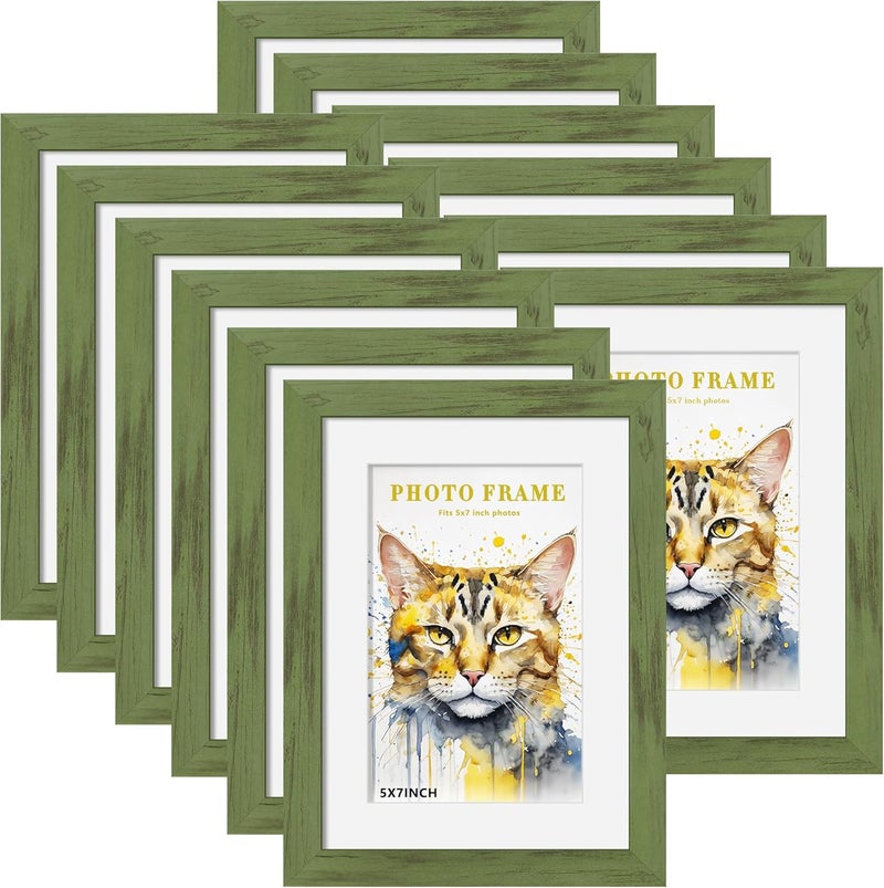 Picrit 5x7 Picture Frame Set of 12, Display 4x6 with Mat or 5x7 Without Mat, Photo Frames for Wall Mounting or Table Top Display, Green Wood Grain. - Image 1