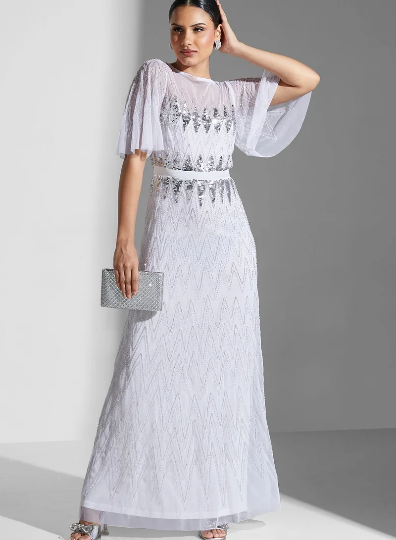 Amelia Rose Tiered Cape Sleeve Sequin Dress