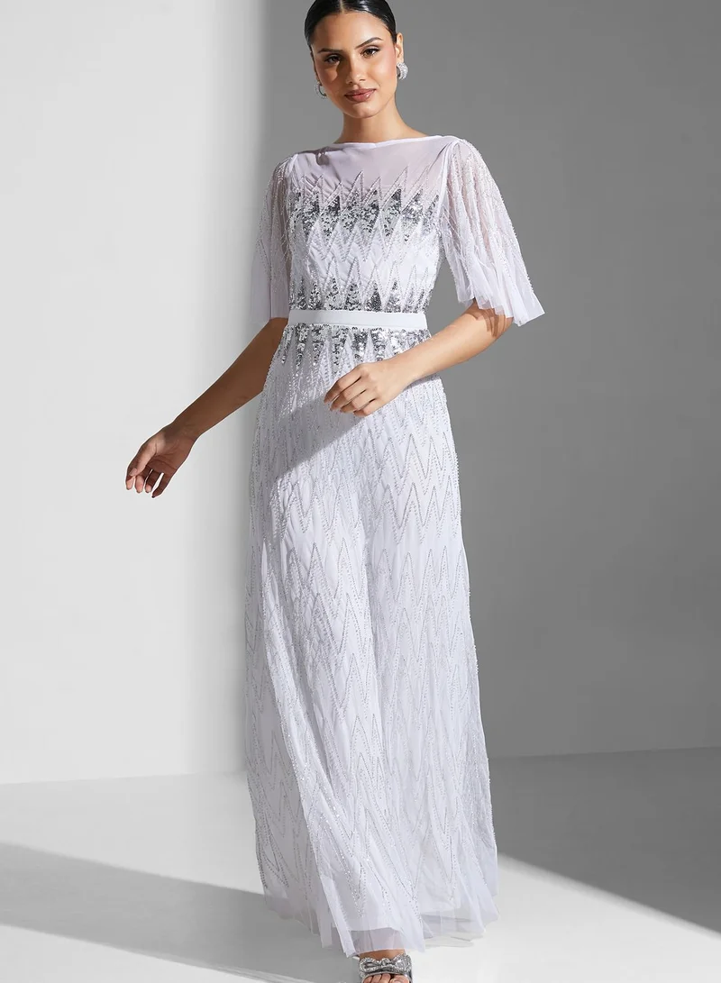 Amelia Rose Tiered Cape Sleeve Sequin Dress
