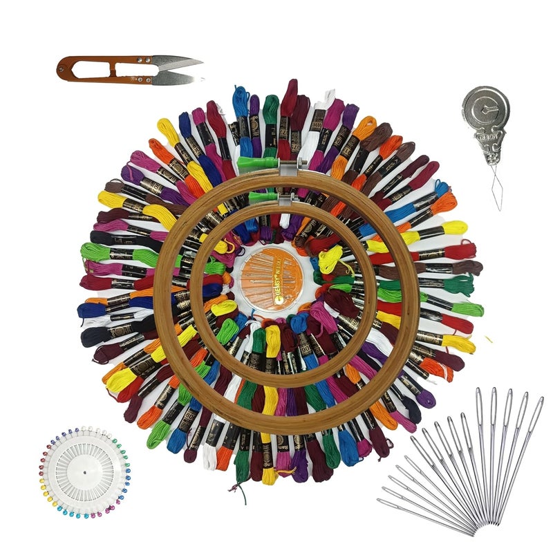 Embroidery Beginners Starter Kit 86 Inches Bamboo Hoop25 Multicolored Threads Compact Needle kit Pearl Head pin Needles 1 Threader Trimmer  - Image 1