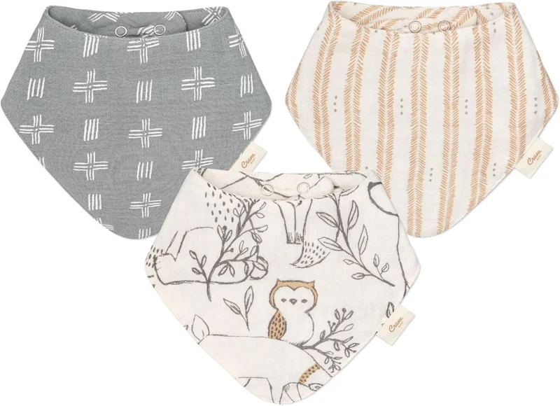 كرين بيبي Crane Baby Ezra 3pc Muslin Bib Set - Soft and Absorbent Baby Bibs