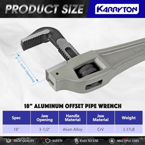 KARRYTON 18 Inch Aluminum Offset Pipe Wrench, 3.5"/89mm Adjustable Jaw Capacity, Heavy Duty Plumbers Wrench with Drop Forged Steel Jaw(CR-V), Perfect Plumbing Tool Exceed GGG Standard - Image 2