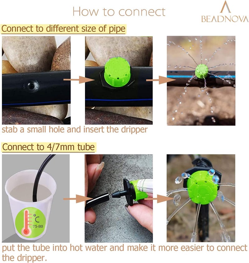 BEADNOVA Drip Irrigation Emitters 50 Pcs Irrigation Drippers 360 Degree System Emitters Sprinklers Drippers for Drip 1/4 Inch Tube Gardening (Green) - Image 5