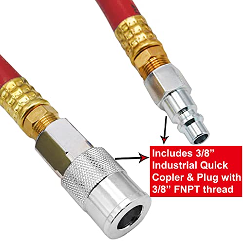 YOTOO Air Hose 1/2 in. x 10 ft, 300 PSI Hybrid Lead-in Air Compressor Hose, Heavy Duty, Lightweight, Kink Resistant, All-Weather Flexibility with 3/8" Industrial Air Fittings and Bend Restrictors, Red - Image 4