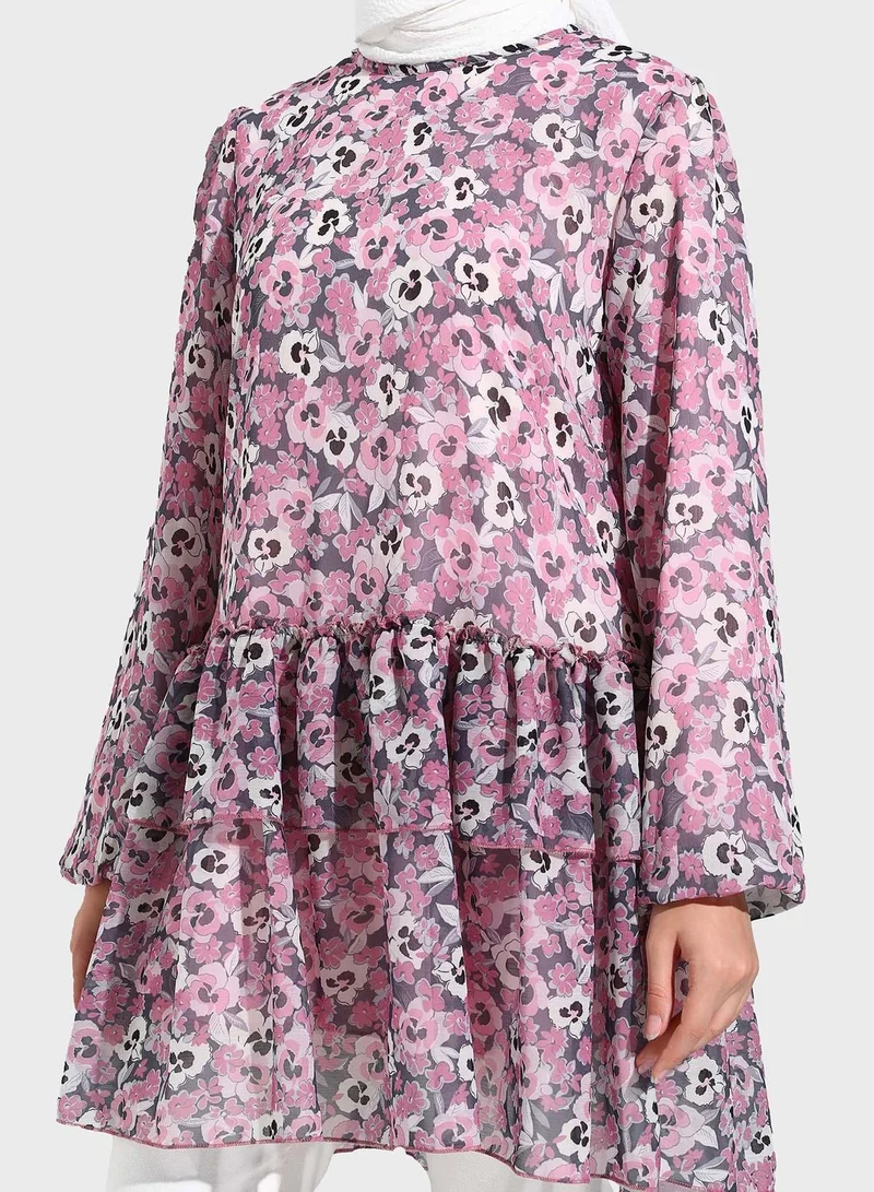 Benin by modanisa Round Neck Floral Printed Tunic