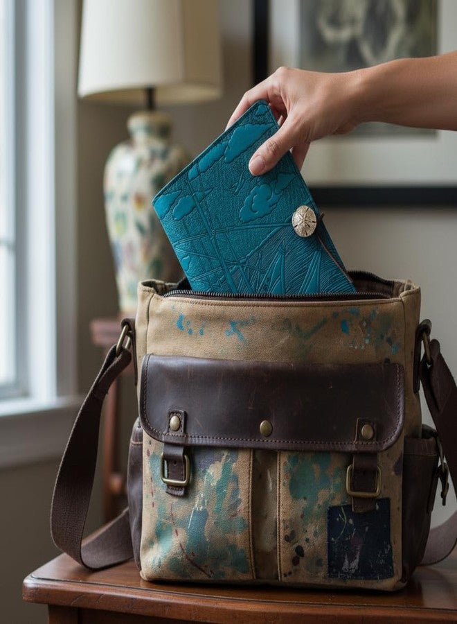 Modern Artisans Van Gogh Boats Embossed Leather A5 Writing Journal in Turquoise Blue, American Made, 6 x 9-inch + Refillable Hardbound Insert Book - Image 5