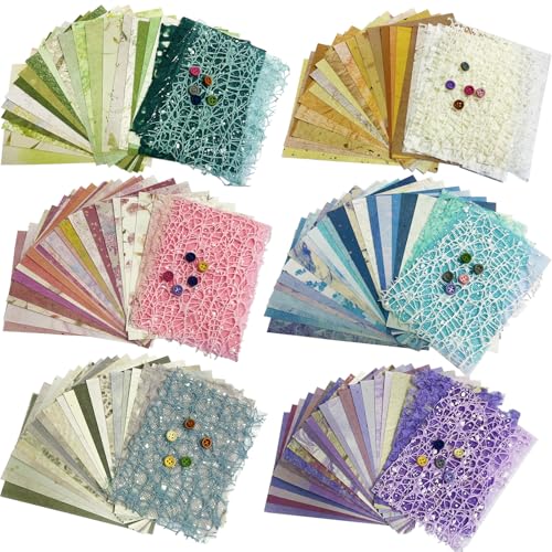 Yuilgdo 156 Sheets Textured Scrapbook Paper Mesh Fabric Assorted Set 30 Buttons 6 Pack Mixed Special Paper for DIY Scrapbooking Planner Bullet Junk Journal Supplies Collage Background 39x55 Inch - Image 1