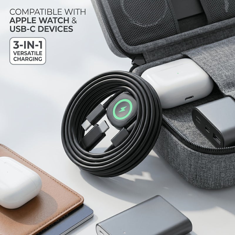 White 2 in 1 Braided Nylon Charging Cable for Apple Watch and iPhone - Image 1