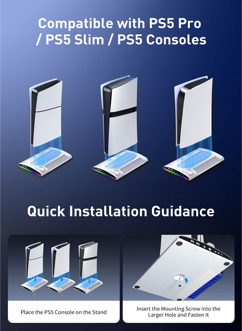 DOBE PS5 Stand with Cooling Fan, Controller Charging Station, RGB LED, USB Hubs, Headset Holder, Game Slot for PS5 / PS5 Slim / PS5 Pro Console - Multi-Functional Organizer with 2 Fans - Image 4