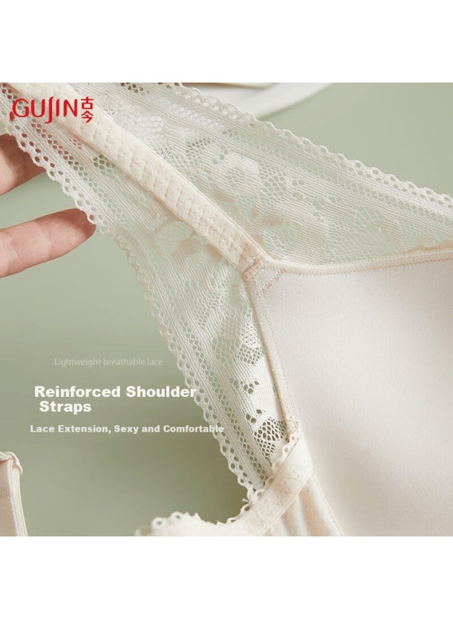 Gujin Small Bust Gathering Comfortable Breathable Wireless Lace Side Support Bra Nude 80c - Image 3