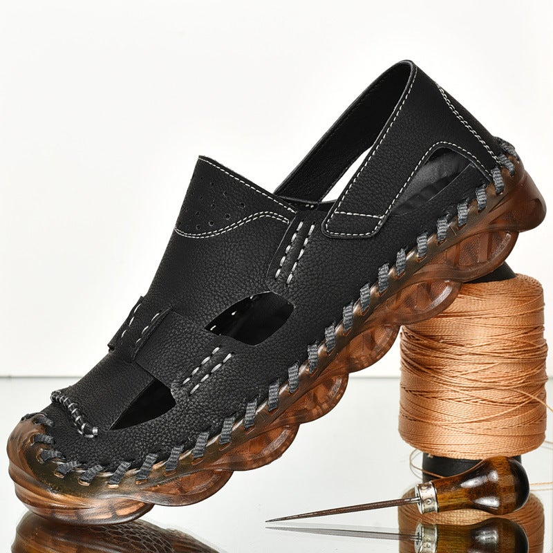 2023 Men'S Shoes Style Baotou Cowhide Breathable Sandals Outdoor Beach Shoes Hollow Foot Driving Shoes - Image 1
