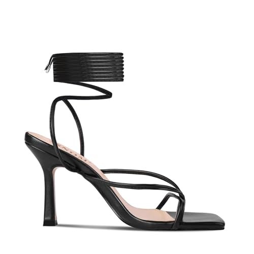 ISNOM Lace Up Heels Sandals for Women, Square Toe Open Toe Thong Strappy Heels Women's Stiletto Heeled Sandals -Black - Image 2