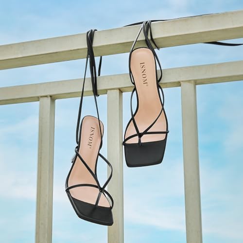 ISNOM Lace Up Heels Sandals for Women, Square Toe Open Toe Thong Strappy Heels Women's Stiletto Heeled Sandals -Black - Image 3