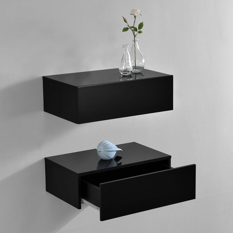 [en.casa] Oslo Wall Shelf with Drawer Set of 2 Bedside Table Floating Bedside Table Hanging Shelf Wall Board Night Console 46 x 30 x 15 cm Black High Gloss - Image 1