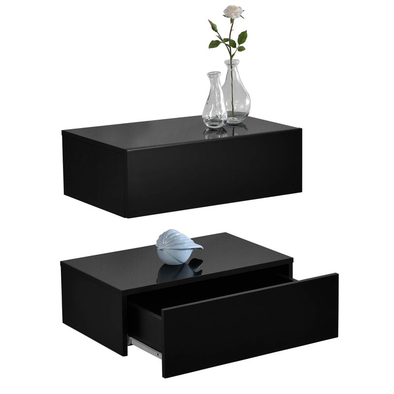 [en.casa] Oslo Wall Shelf with Drawer Set of 2 Bedside Table Floating Bedside Table Hanging Shelf Wall Board Night Console 46 x 30 x 15 cm Black High Gloss - Image 2
