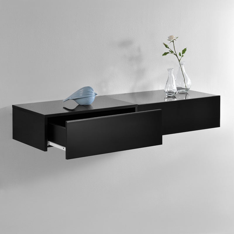 [en.casa] Oslo Wall Shelf with Drawer Set of 2 Bedside Table Floating Bedside Table Hanging Shelf Wall Board Night Console 46 x 30 x 15 cm Black High Gloss - Image 3