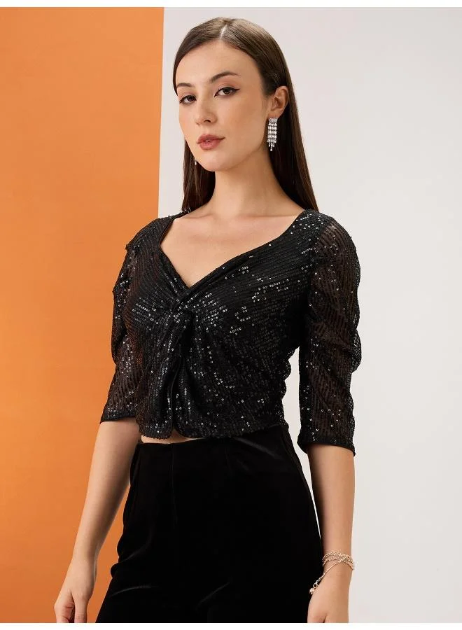 globus Globus Women Black Sweetheart Neck Ruched Sleeves Twisted Detail Sequinned Party Crop Top