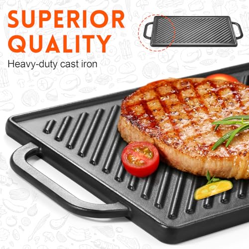 GGC Cast Iron Reversible Grill Griddle，Double Sided Grill Pan Perfect for Gas Grills and Stove Tops, 13 x 8.25 Rectangular Baking Flat and Ribbed Griddle Plate - Image 3