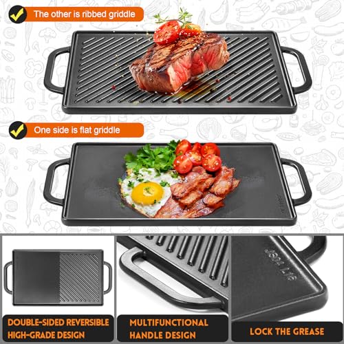 GGC Cast Iron Reversible Grill Griddle，Double Sided Grill Pan Perfect for Gas Grills and Stove Tops, 13 x 8.25 Rectangular Baking Flat and Ribbed Griddle Plate - Image 4