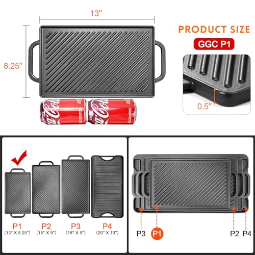GGC Cast Iron Reversible Grill Griddle，Double Sided Grill Pan Perfect for Gas Grills and Stove Tops, 13 x 8.25 Rectangular Baking Flat and Ribbed Griddle Plate - Image 2