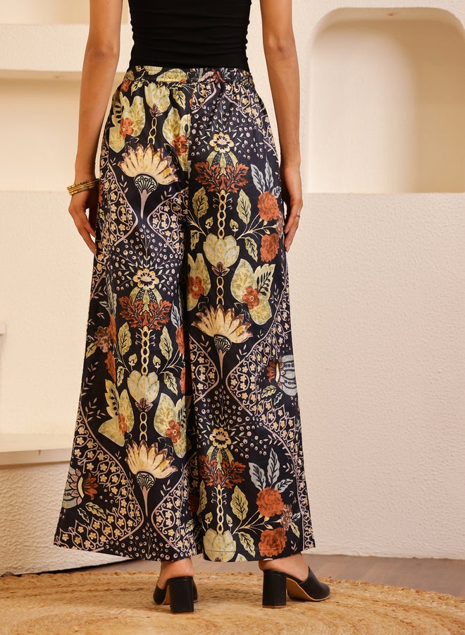 sanskrutihomes Sanskrutihomes Women Black Floral Printed Drawstring Waist Wide Leg Pants  - Image 3