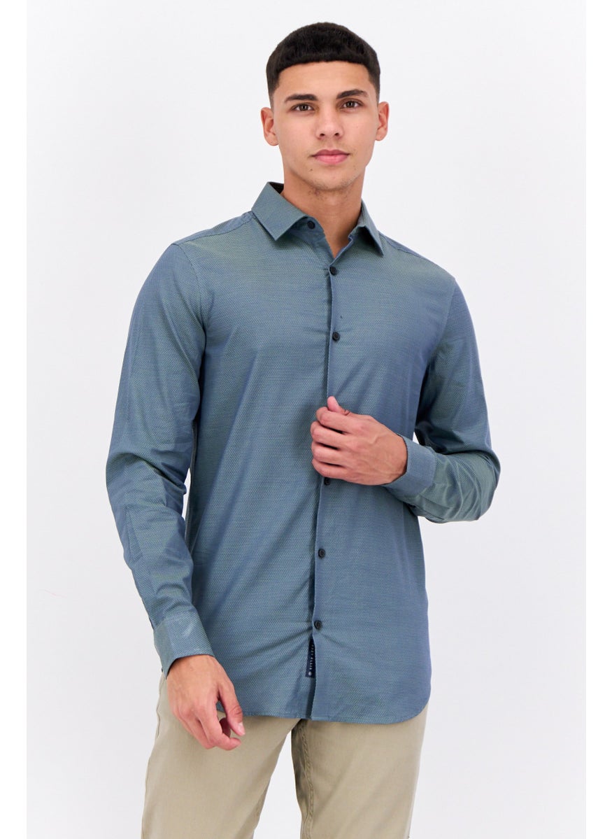 PERRY ELLIS Men Slim Fit Birdseye Long Sleeves Casual Shirt, Dark Sage Green  - Image 1