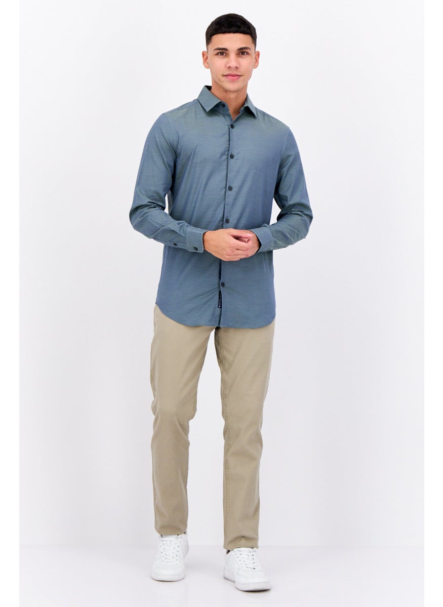 PERRY ELLIS Men Slim Fit Birdseye Long Sleeves Casual Shirt, Dark Sage Green  - Image 4