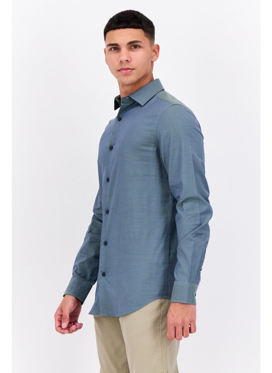 PERRY ELLIS Men Slim Fit Birdseye Long Sleeves Casual Shirt, Dark Sage Green  - Image 2