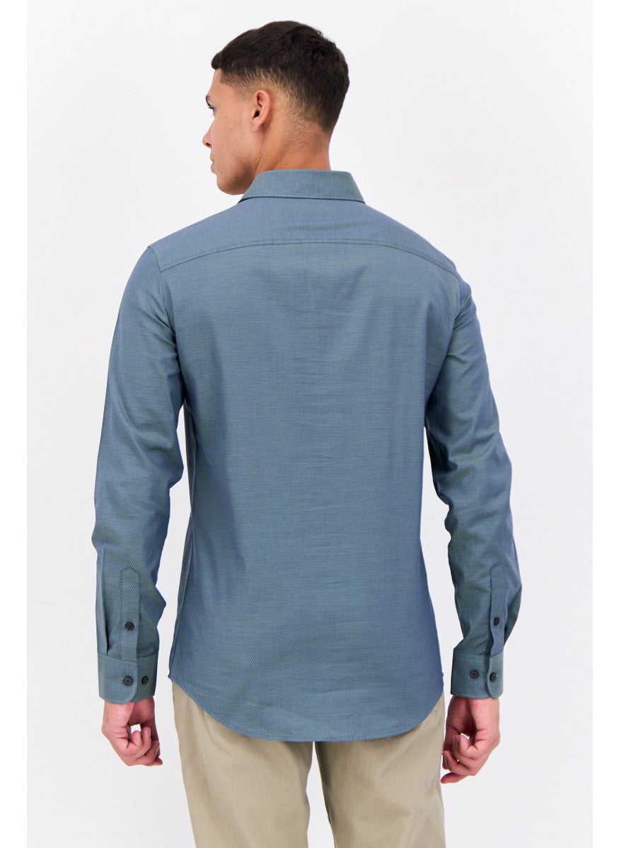 PERRY ELLIS Men Slim Fit Birdseye Long Sleeves Casual Shirt, Dark Sage Green  - Image 3