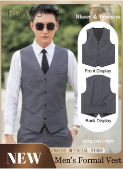 roaiss Men Single Breasted Formal Vests V Neck Sleeveless Slim Waistcoat for Male with Pockets and Back Drawstring for Business or Casual  - Image 1