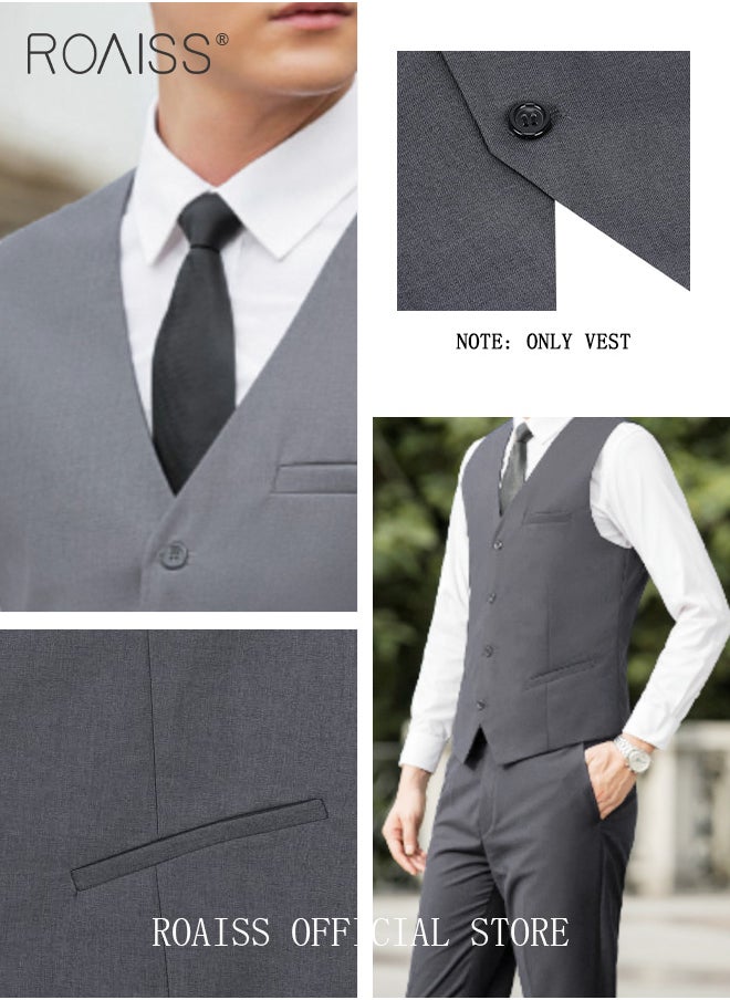 roaiss - Men Single Breasted Formal Vests V Neck Sleeveless Slim Waistcoat for Male with Pockets and Back Drawstring for Business or Casual - Image 1