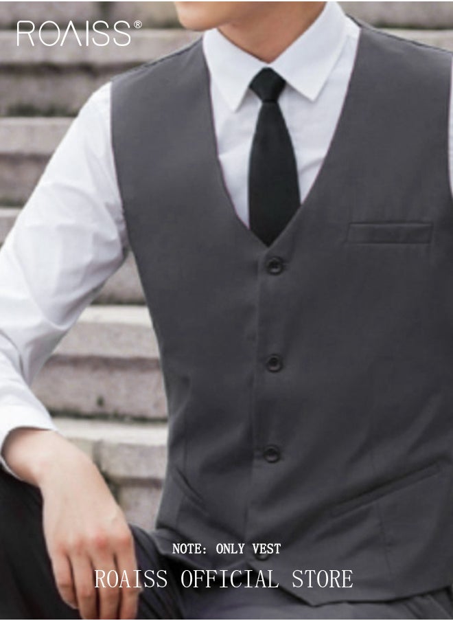 roaiss - Men Single Breasted Formal Vests V Neck Sleeveless Slim Waistcoat for Male with Pockets and Back Drawstring for Business or Casual - Image 1