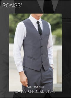 roaiss Men Single Breasted Formal Vests V Neck Sleeveless Slim Waistcoat for Male with Pockets and Back Drawstring for Business or Casual  - Image 3
